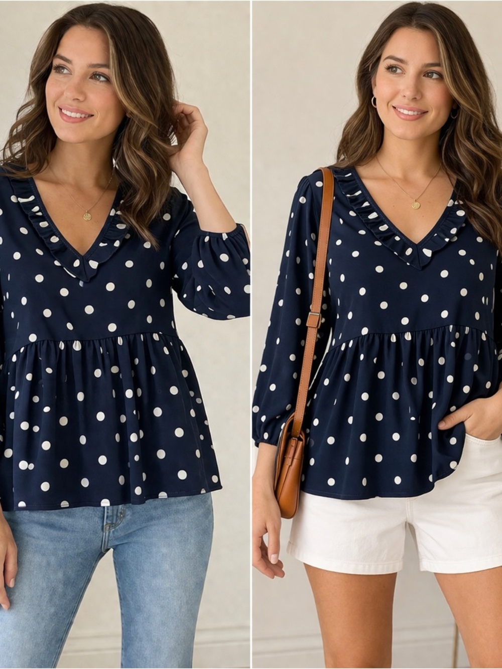 Ruffled V-Neck Polka Dot Peplum Blouse - Navy